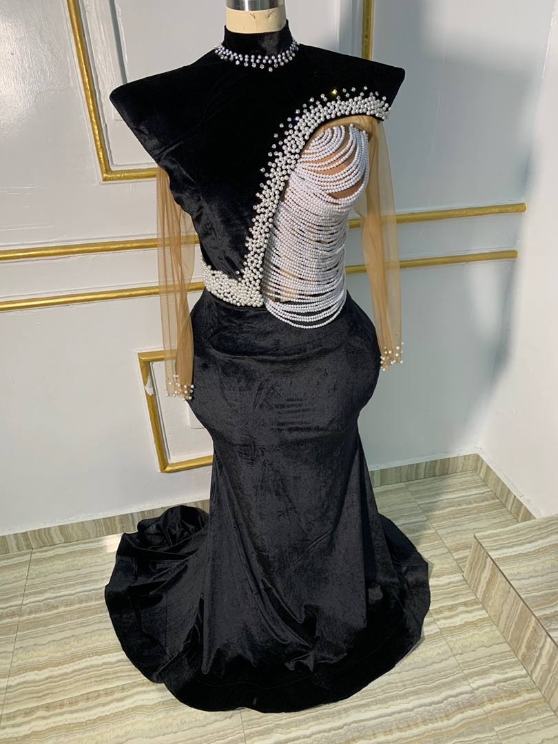 Ada Dress, black & pearl couture gown